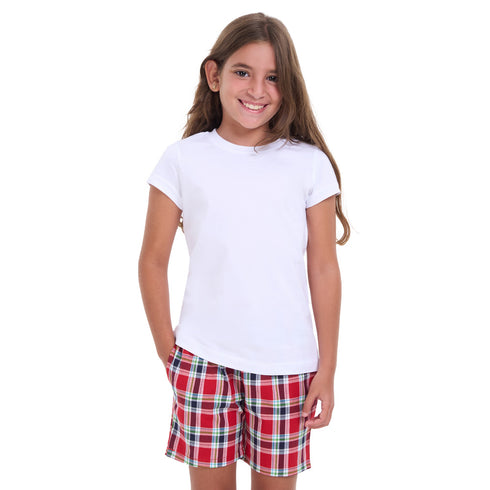 Girls summer pajama set White t-shirt + Red x Dark blue checkered shorts
